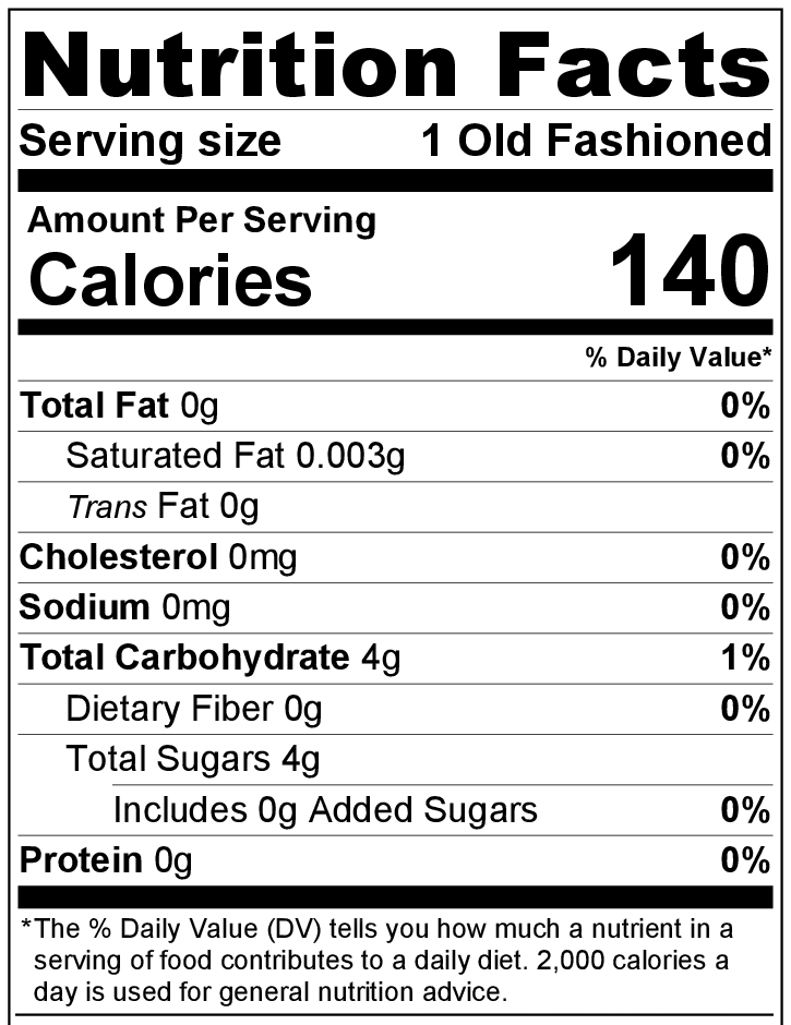 Old Fashioned drink nutrition label